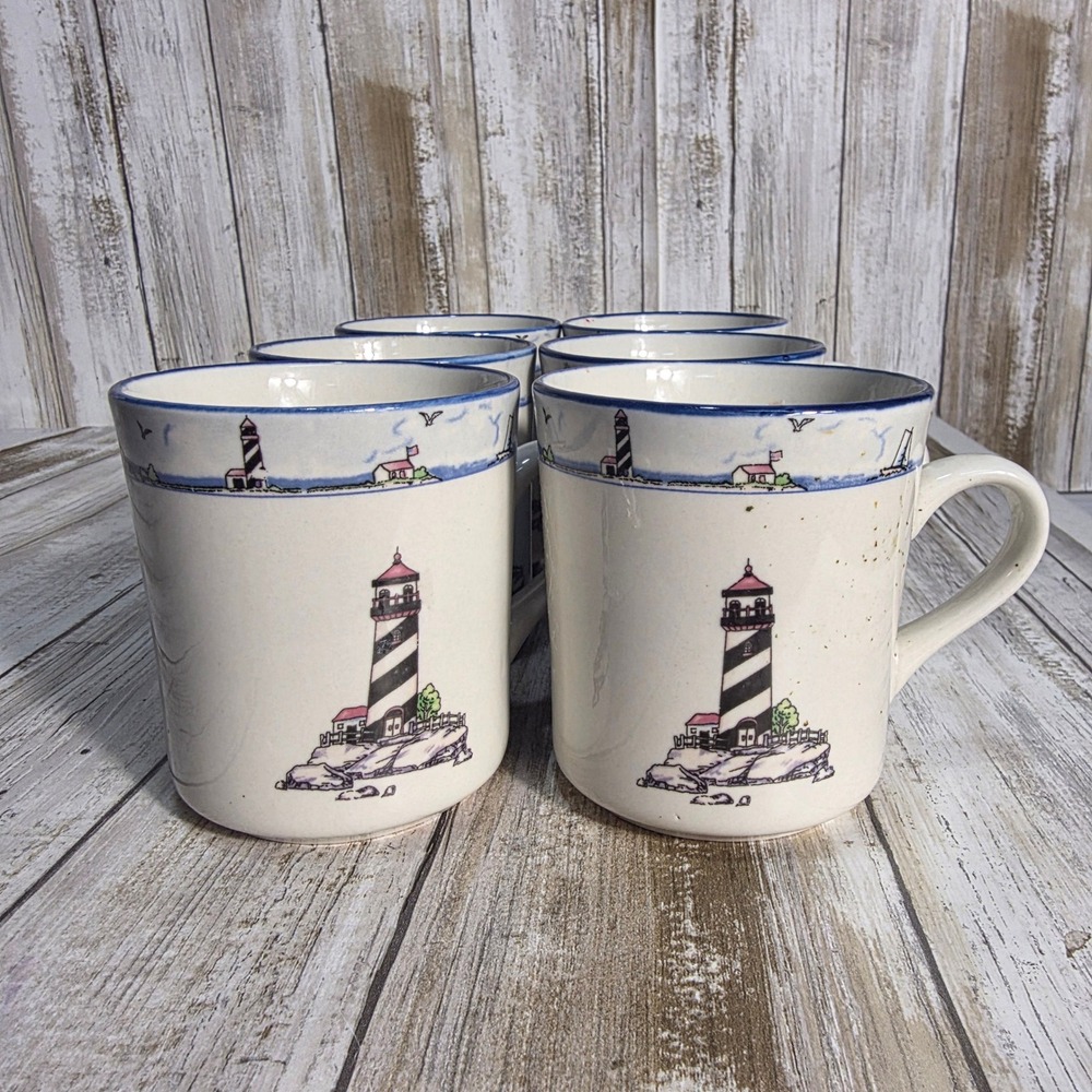 Mainstays Home Lighthouse Coffee Mugs Set of 6 Nautical Coastal Stoneware Cream - Picture 2 of 6